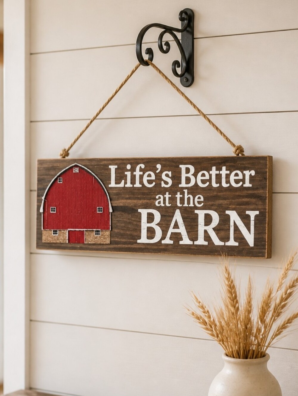 New! Red Barn Wall Art Sign with Sisal Rope Hanger